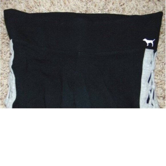 Womens Victorias Secret PINK Yoga Pants Medium Black Cropped White Strappy Legs - Picture 2 of 6